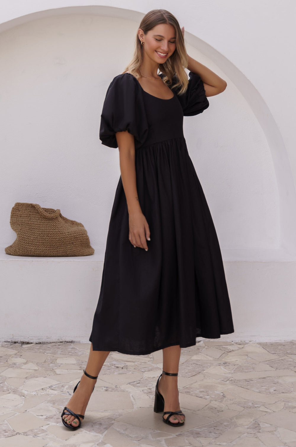 Womens Cherie Puff Sleeve Midi Dress - Red