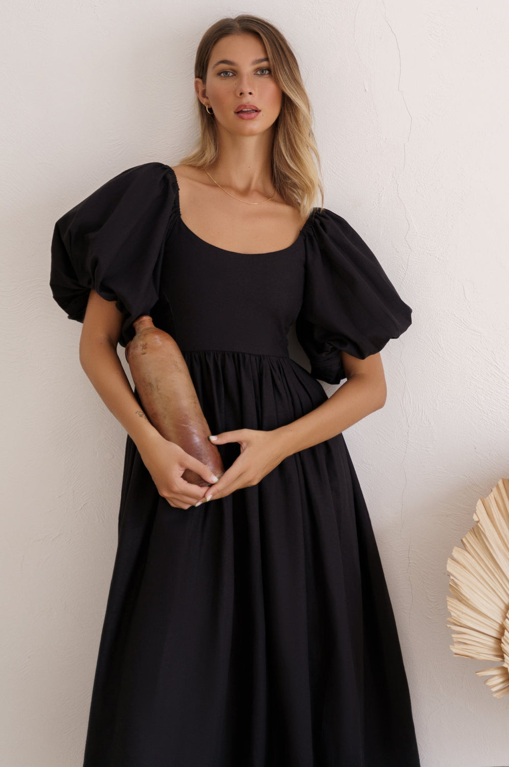 Womens Cherie Puff Sleeve Midi Dress - Black
