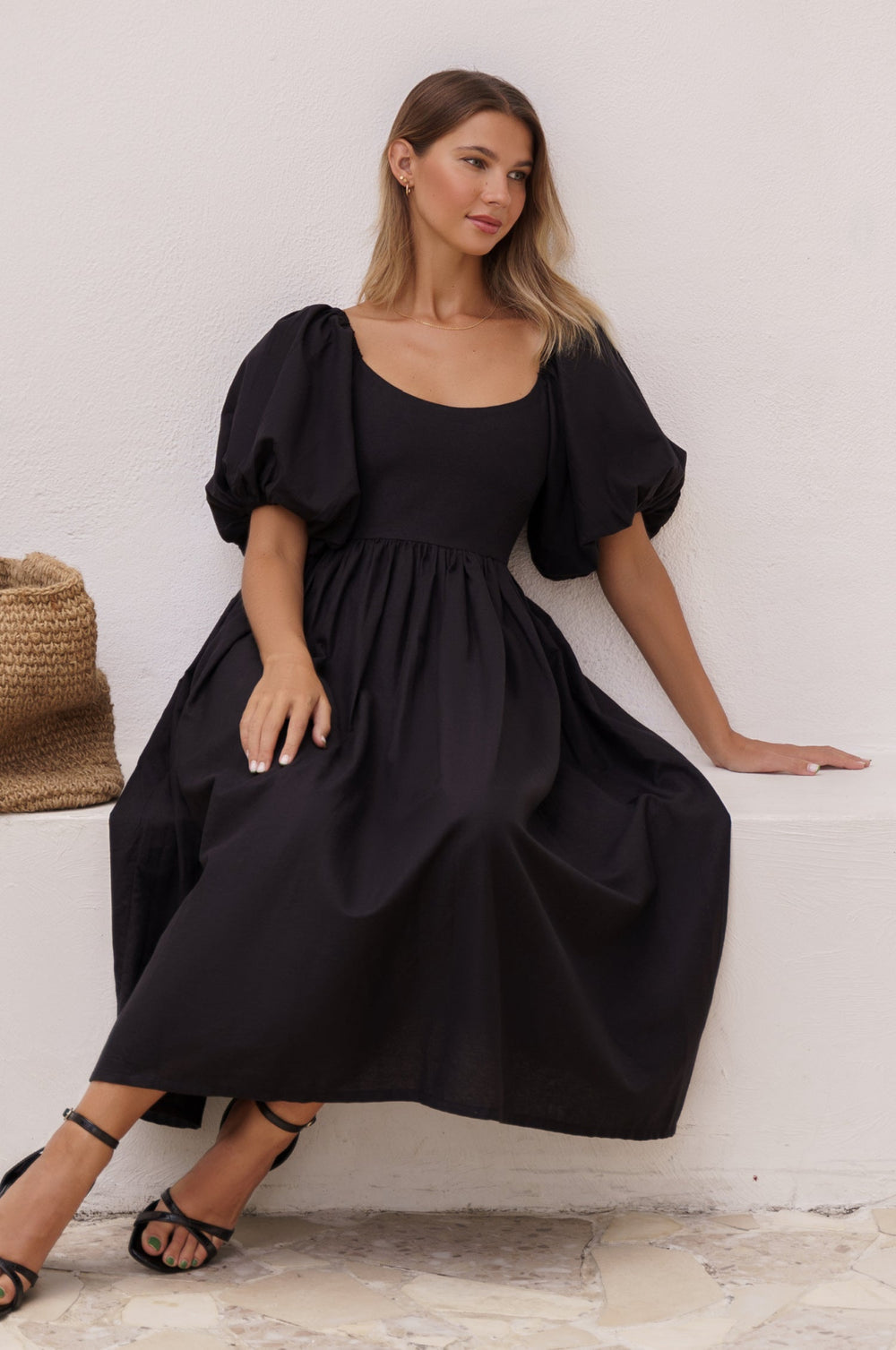 Womens Cherie Puff Sleeve Midi Dress - Red