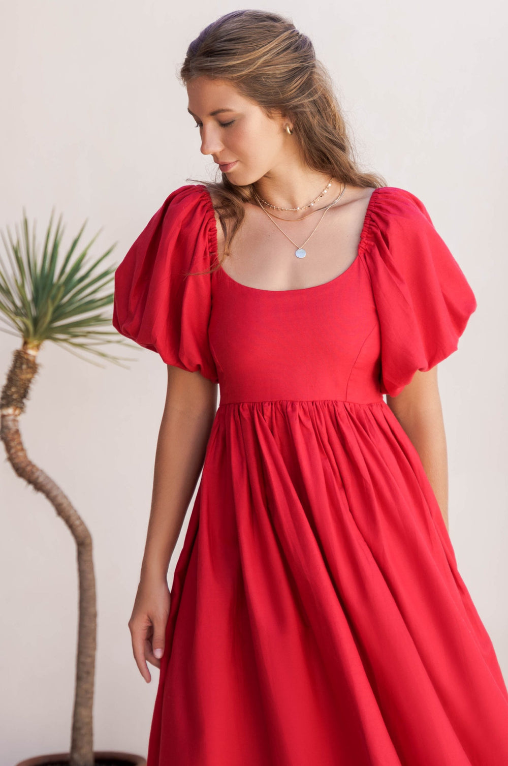 Womens Cherie Puff Sleeve Midi Dress - Red