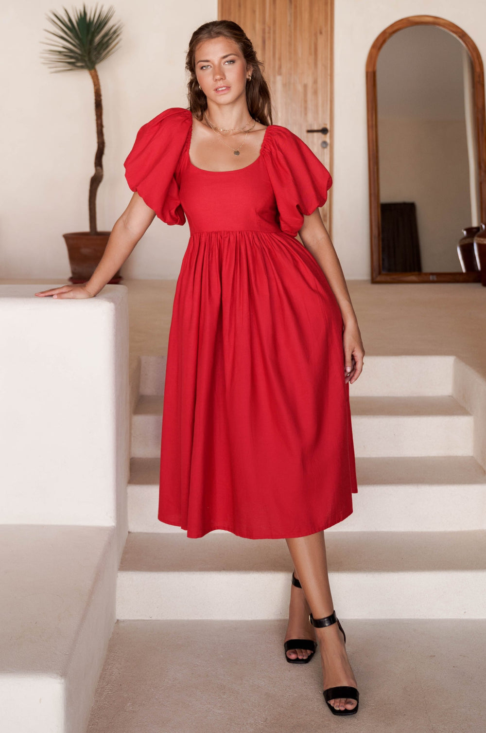 Womens Cherie Puff Sleeve Midi Dress - Red