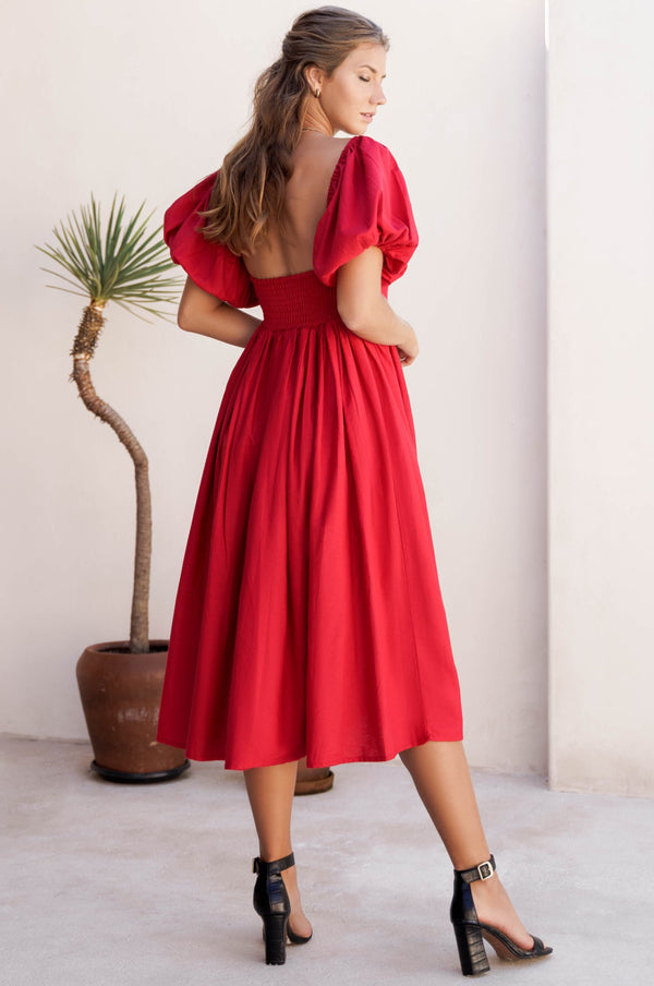 Womens Cherie Puff Sleeve Midi Dress - Red