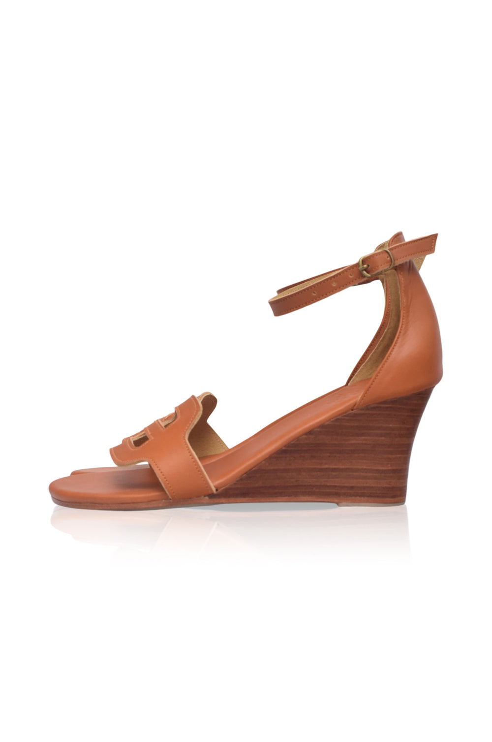 Womens Como Wooden Wedge Leather Sandals - Dark Tan
