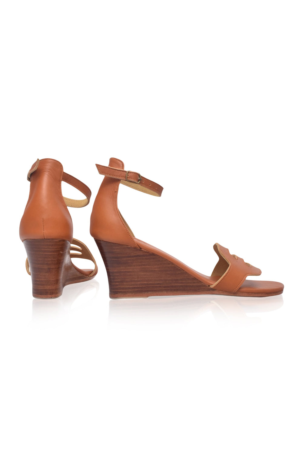Womens Como Wooden Wedge Leather Sandals - Dark Tan