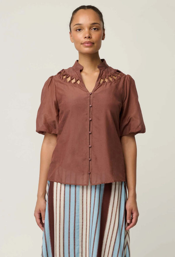 Coralie Cotton Silk Smock Blouse in Garnet