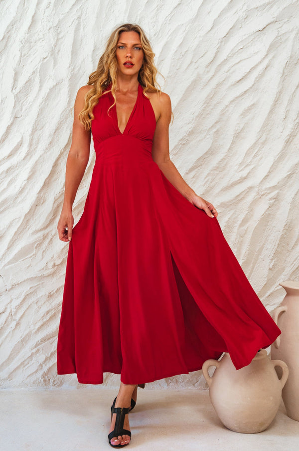 Womens Costa Brava Halterneck Maxi Dress - Tomato