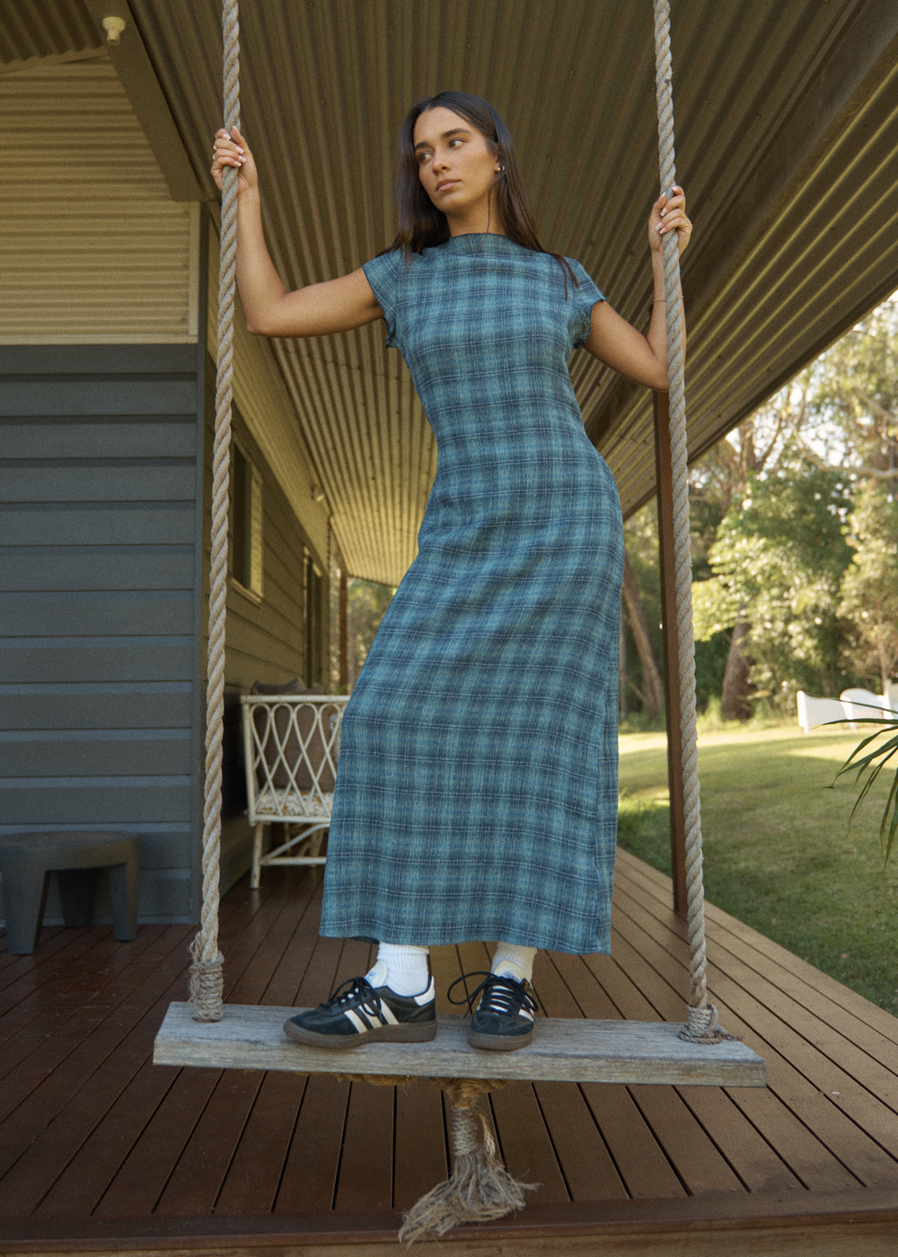 Womens Seersucker Midi Dress Elodie - Position Navy Check - AFENDS