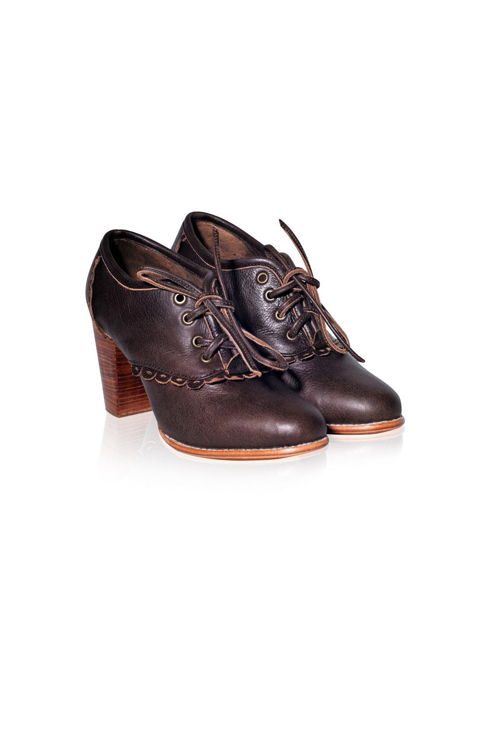 Womens Lace Oxford Leather Heels - Dark Brown