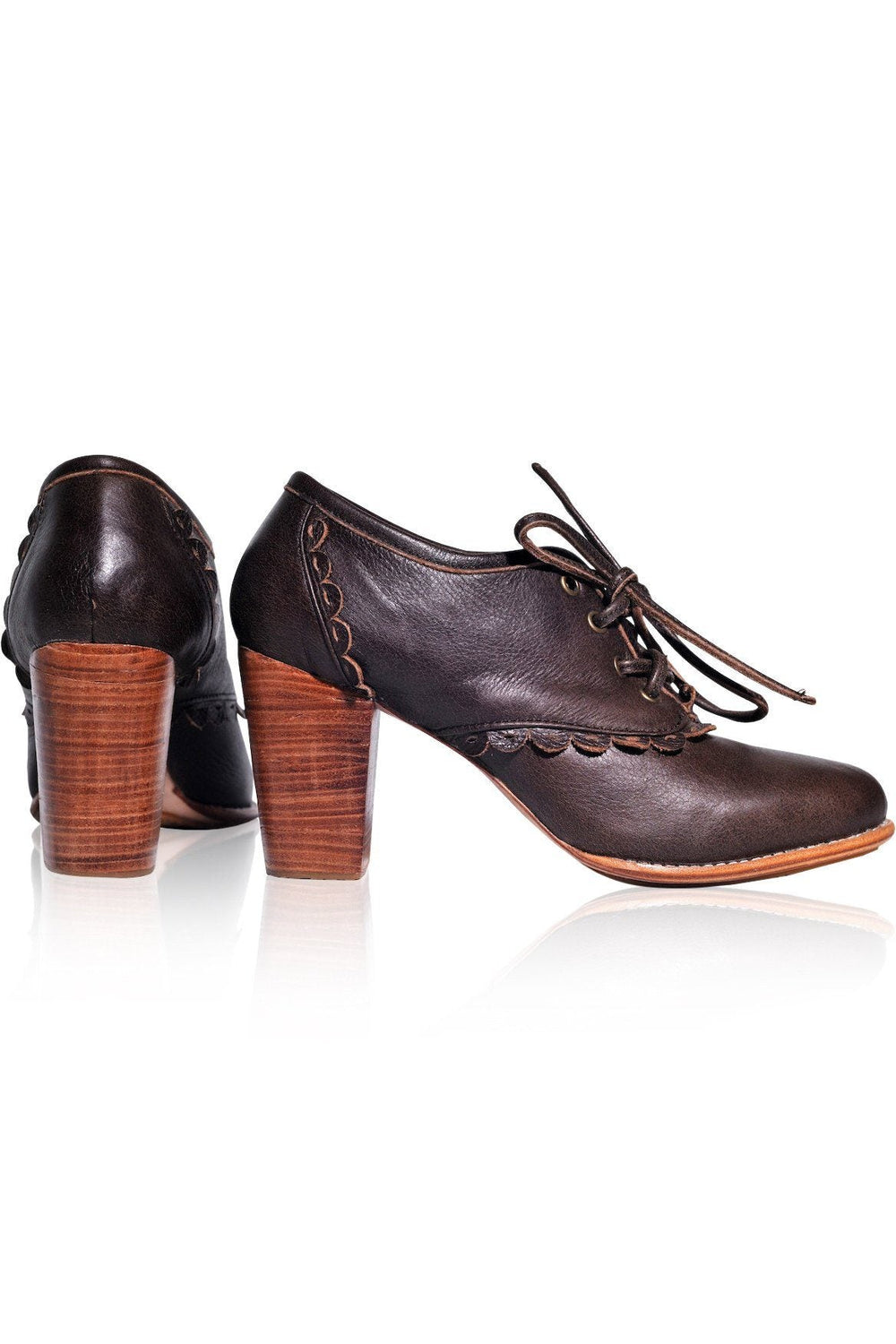 Womens Lace Oxford Leather Heels - Vintage Brown