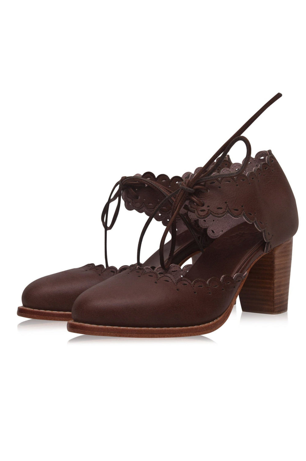Womens Dance Queen Scalloped Leather Heels - Dark Brown