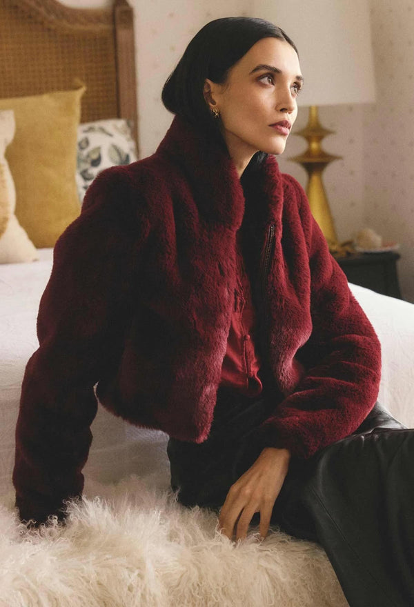 Dawn Faux Fur Cropped Jacket in Bordeux