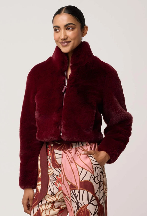 Dawn Faux Fur Cropped Jacket in Bordeux