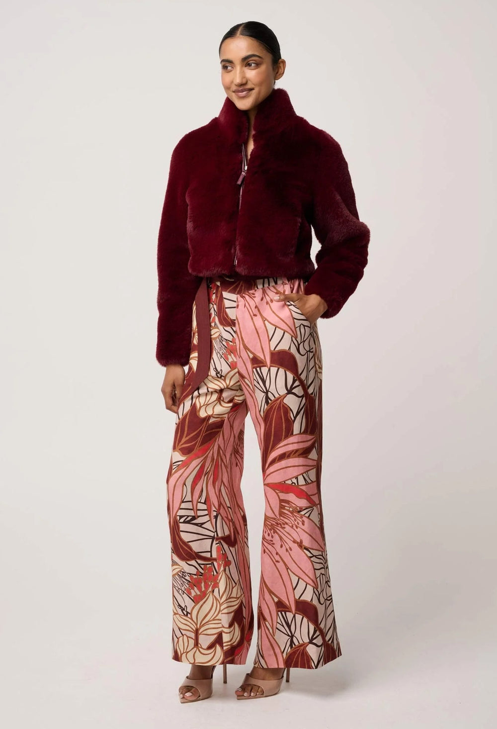 Dawn Faux Fur Cropped Jacket in Bordeux