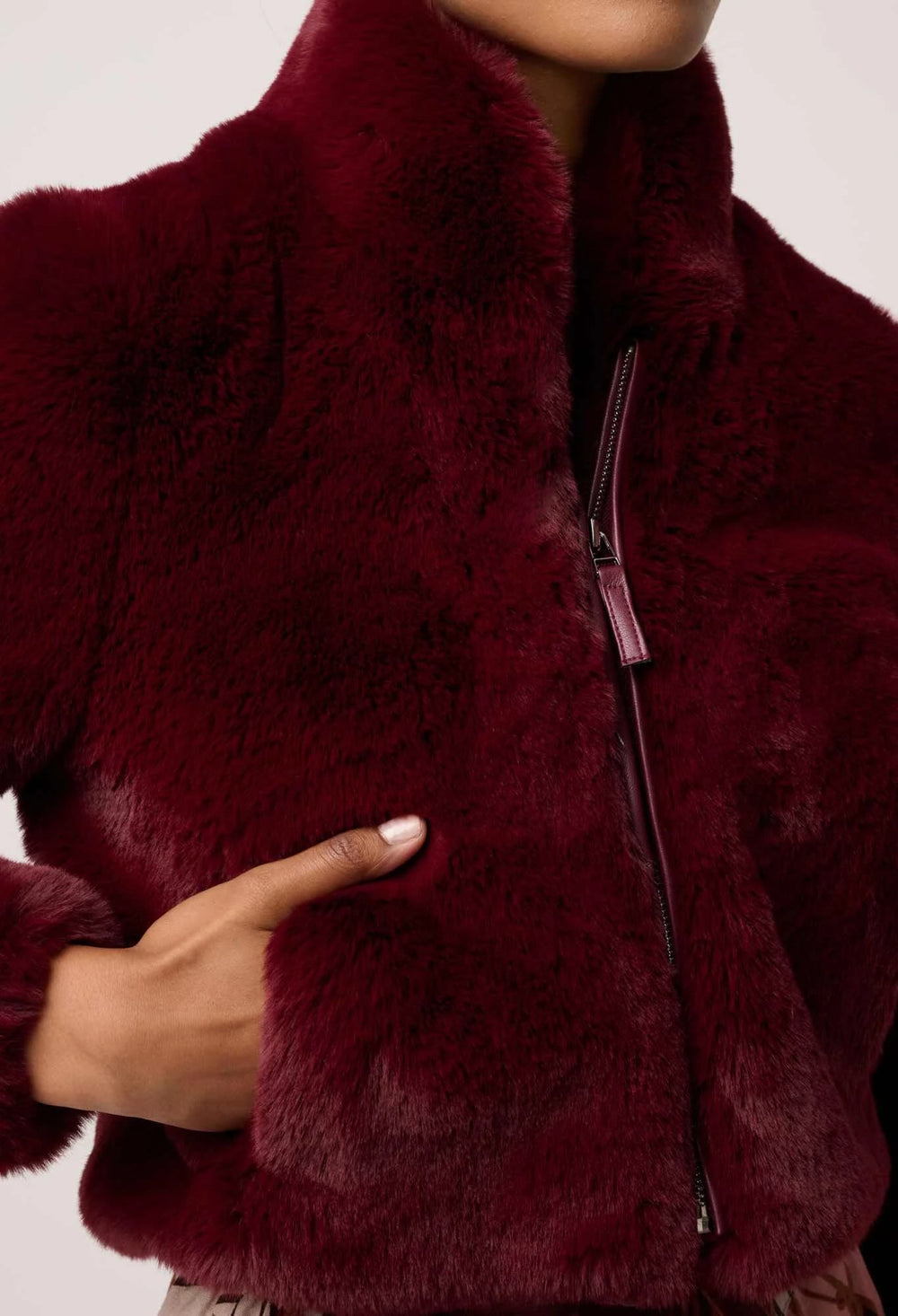 Dawn Faux Fur Cropped Jacket in Bordeux