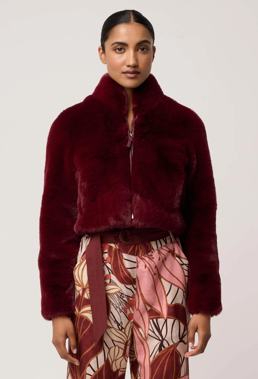 Dawn Faux Fur Cropped Jacket in Bordeux