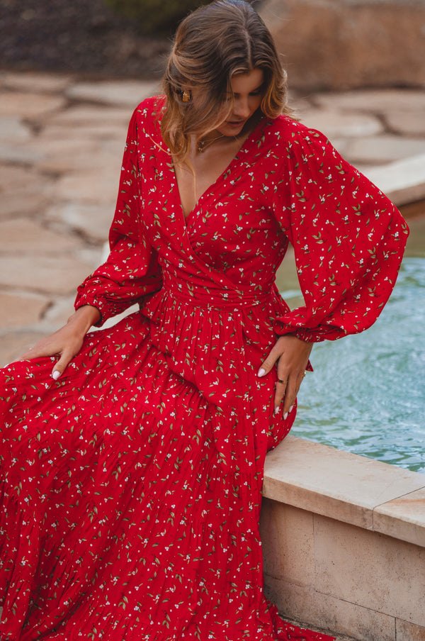 Womens Flamenco Boho Wrap Maxi Dress - Rouge Berry