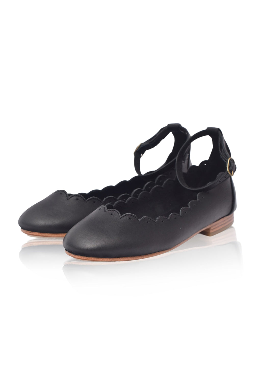 Womens Fleur Scalloped Ankle Strap Leather Flats - Black