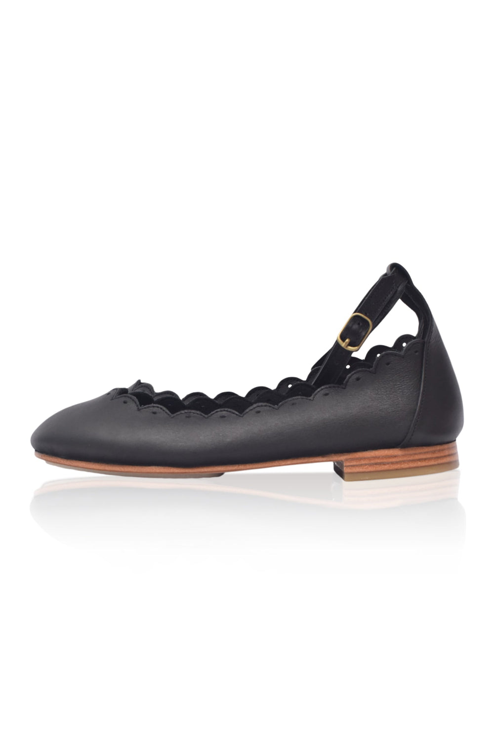 Womens Fleur Scalloped Ankle Strap Leather Flats - Black