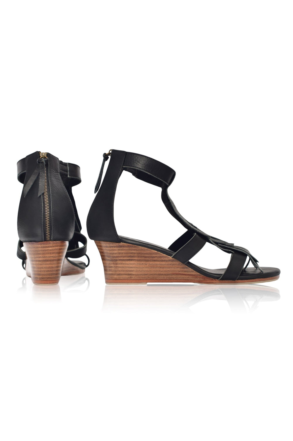 Womens Fly Away Fringe Wedge Leather Sandals - Black