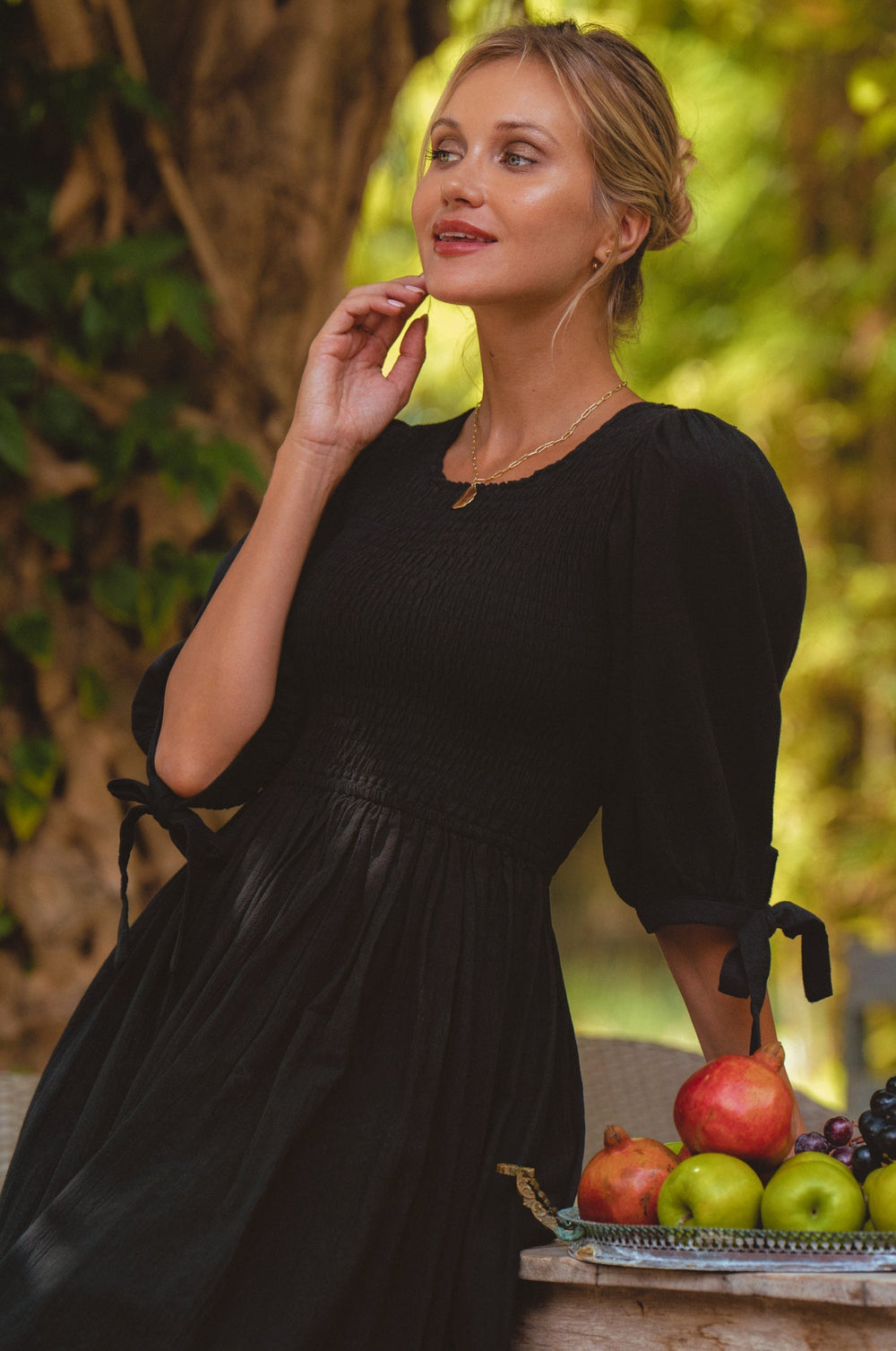 Womens Freya Smocked Linen Midi Dress - Black