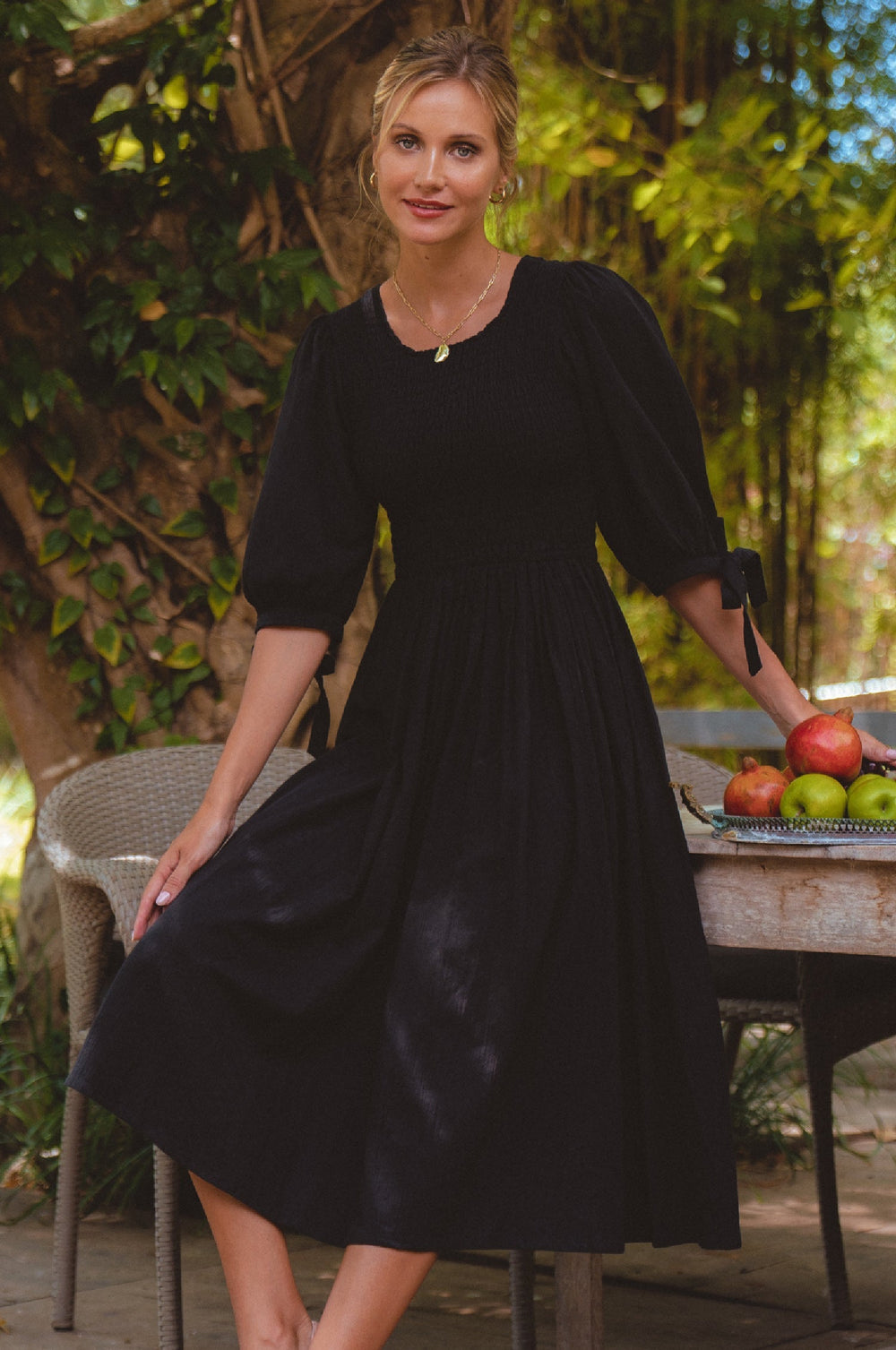 Womens Freya Smocked Linen Midi Dress - Black
