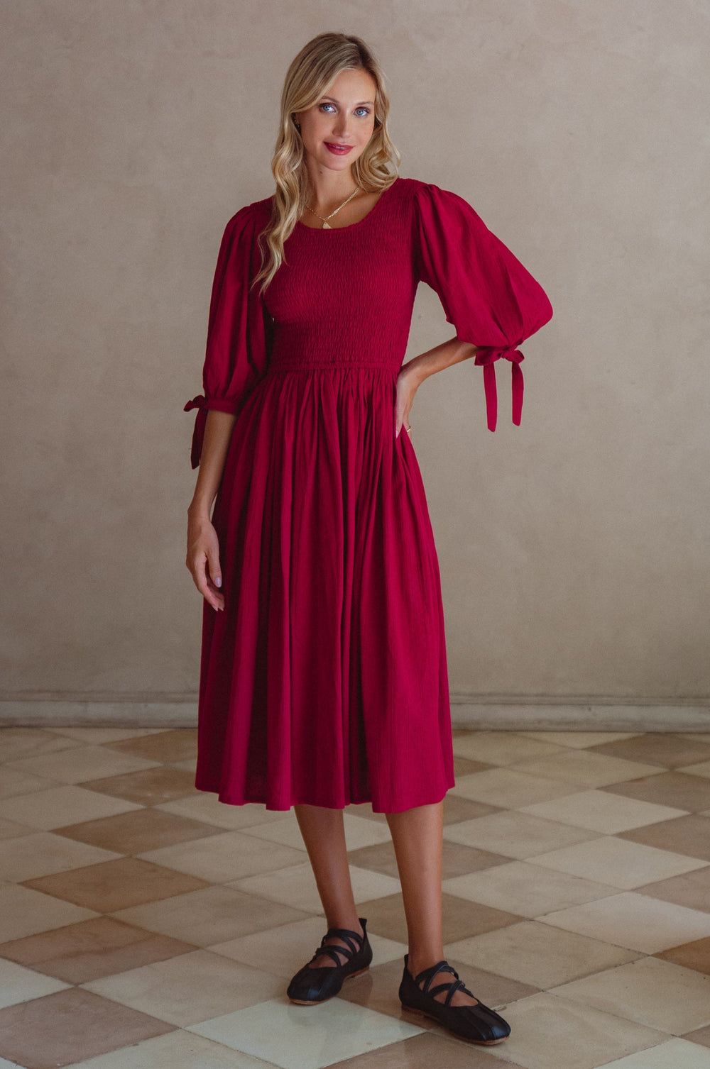 Womens Freya Smocked Linen Midi Dress - Sapphire