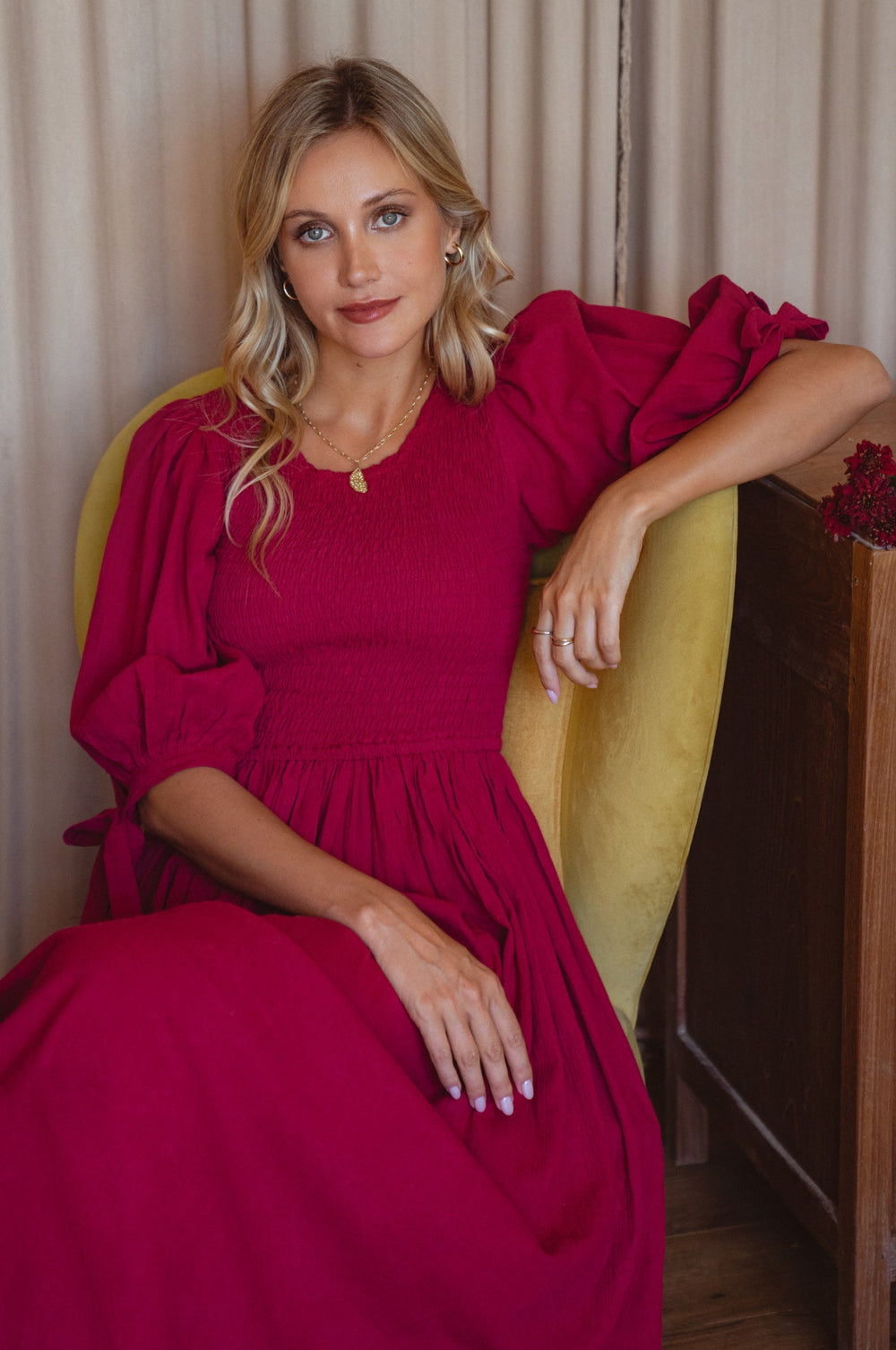 Womens Freya Smocked Linen Midi Dress - Sapphire