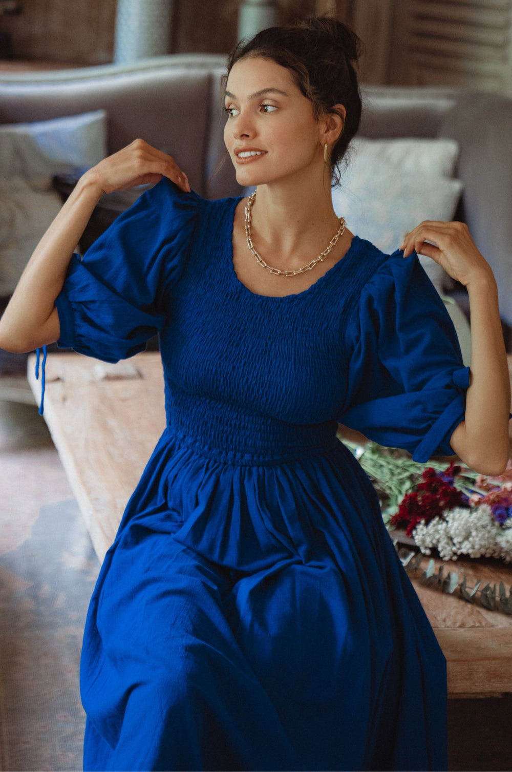 Womens Freya Smocked Linen Midi Dress - Sapphire