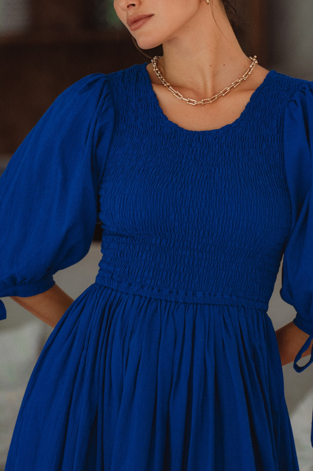 Womens Freya Smocked Linen Midi Dress - Sapphire