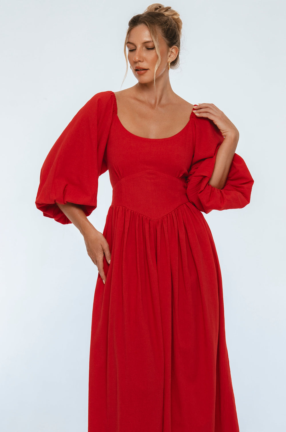 Womens Genevieve Puff Sleeve Midi Dress - Red