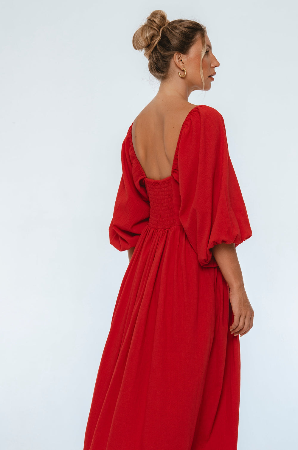 Womens Genevieve Puff Sleeve Midi Dress - Red