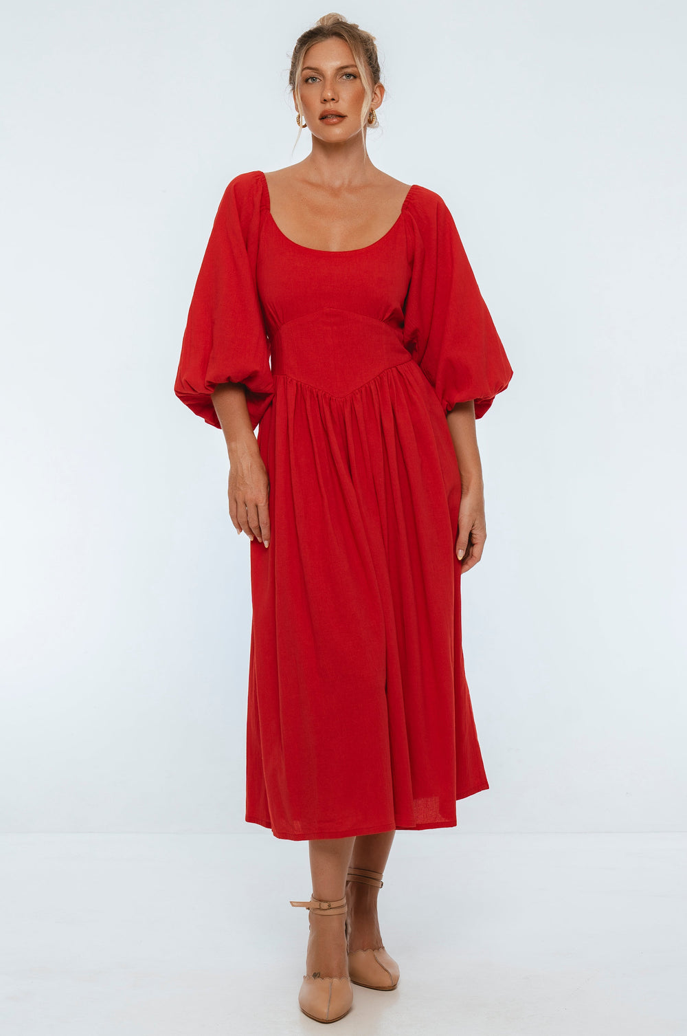 Womens Genevieve Puff Sleeve Midi Dress - Red