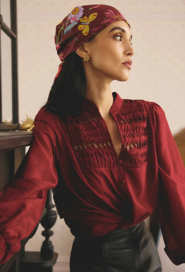 Gillian Cotton Silk Smocked Shirt in Ruby