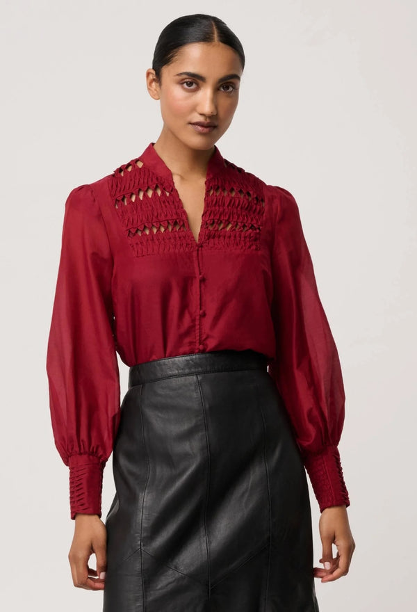 Gillian Cotton Silk Smocked Shirt in Ruby
