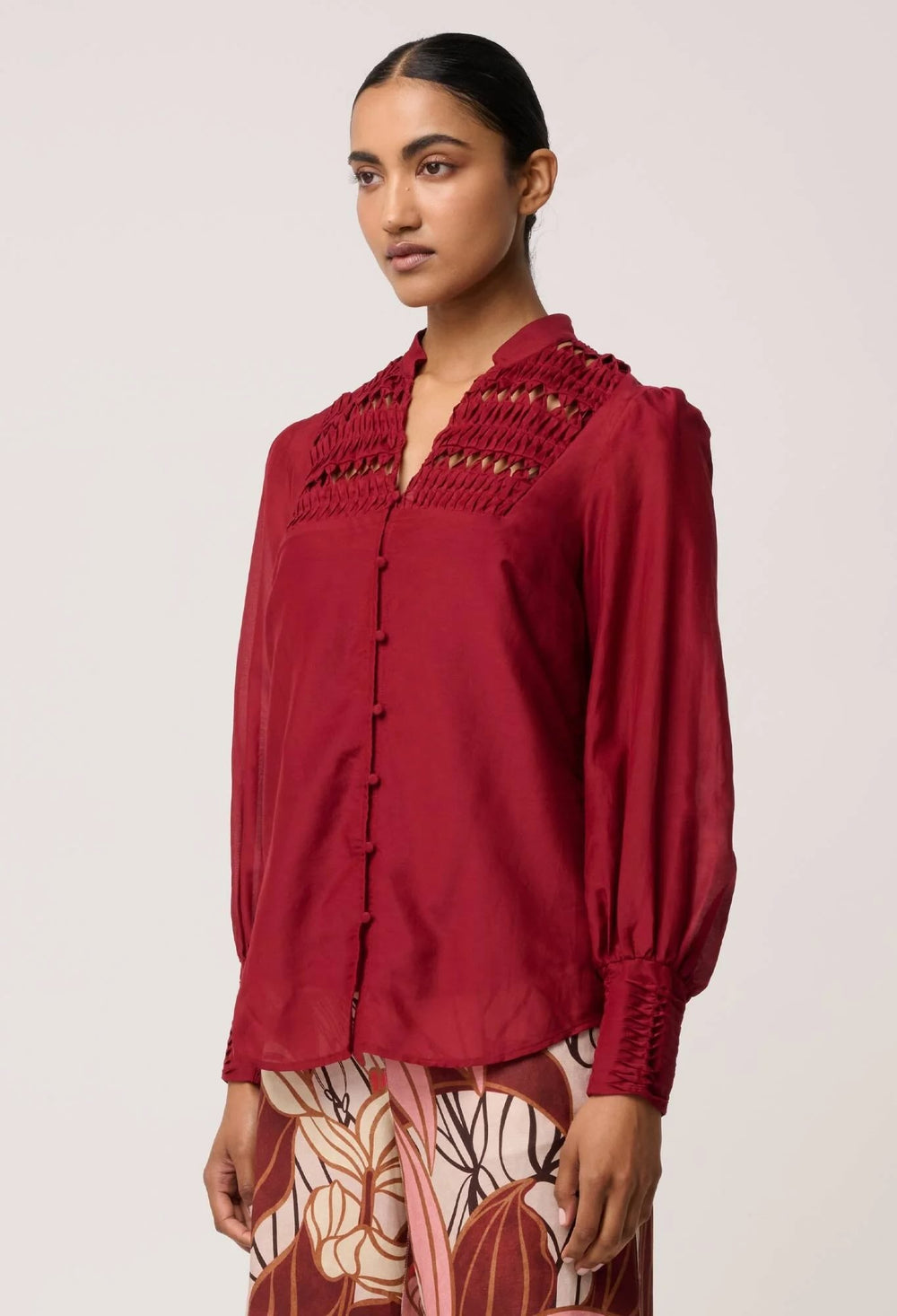 Gillian Cotton Silk Smocked Shirt in Ruby