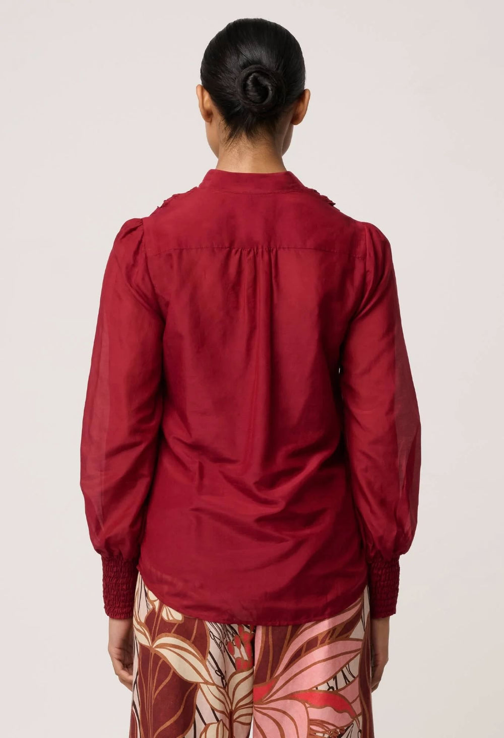 Gillian Cotton Silk Smocked Shirt in Ruby