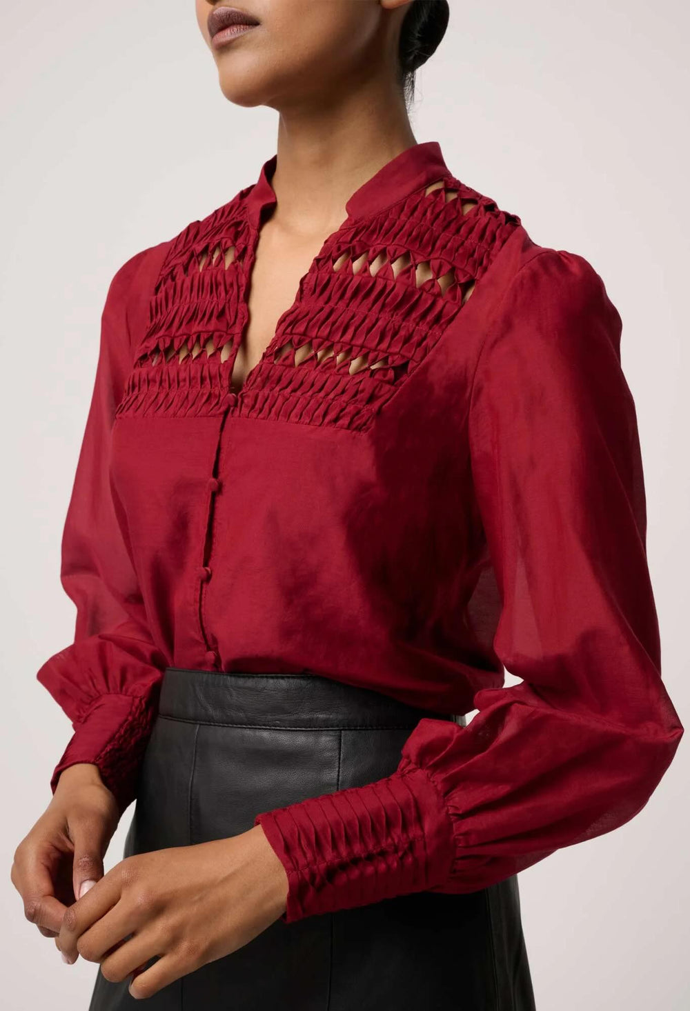 Gillian Cotton Silk Smocked Shirt in Ruby