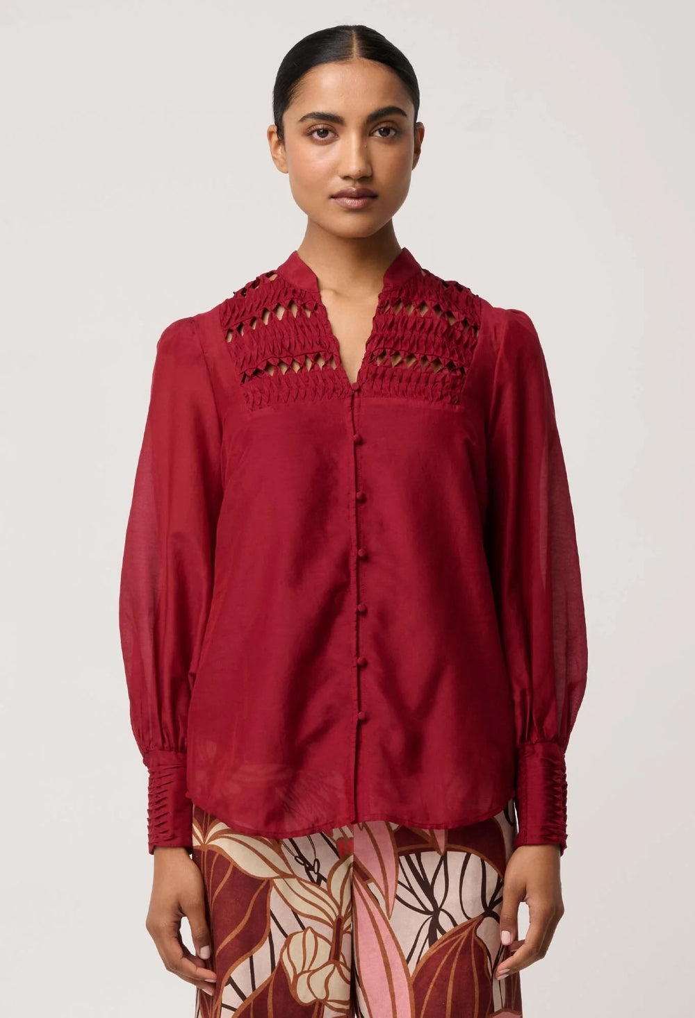 Gillian Cotton Silk Smocked Shirt in Ruby