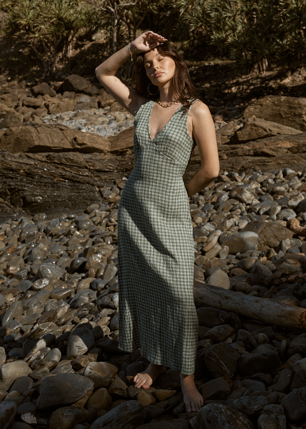 Womens Seersucker Maxi Dress Tully - Base Deep Green Check - AFENDS