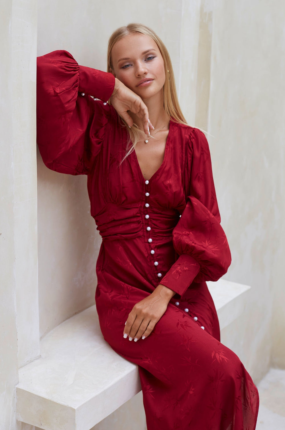 Womens Juliette Pearl Buttons Midi Dress - Pearl Ruby