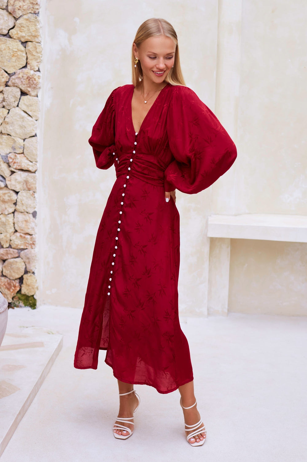 Womens Juliette Pearl Buttons Midi Dress - Pearl Ruby