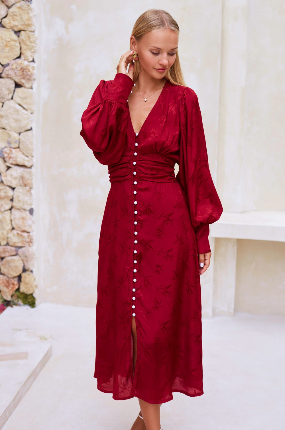Womens Juliette Pearl Buttons Midi Dress - Pearl Ruby