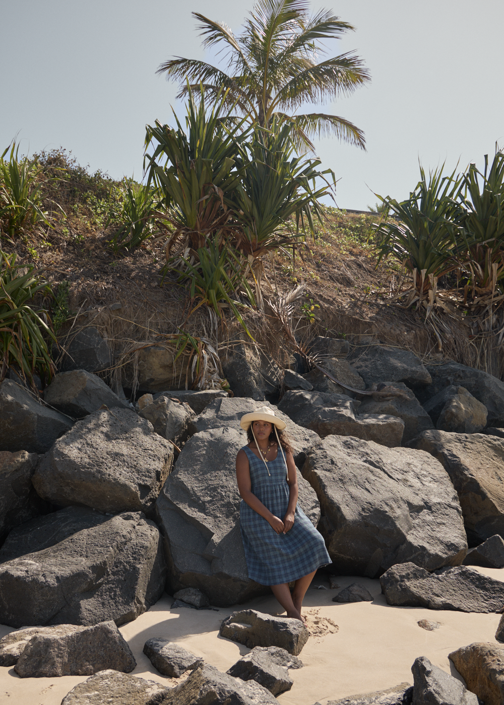 Womens Seersucker Midi Dress Position - Navy Check - AFENDS