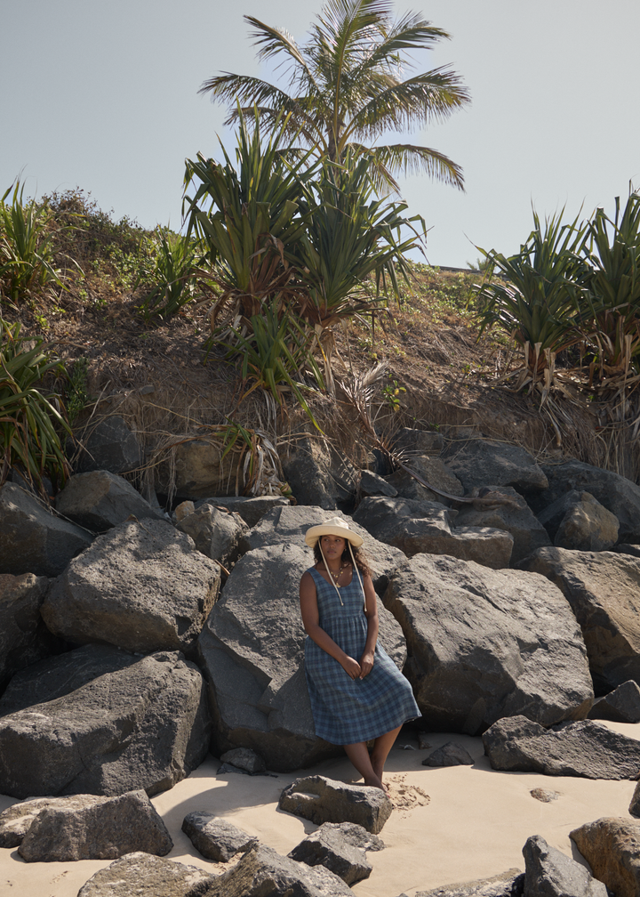 Rumi Seersucker Midi Dress – Navy Check