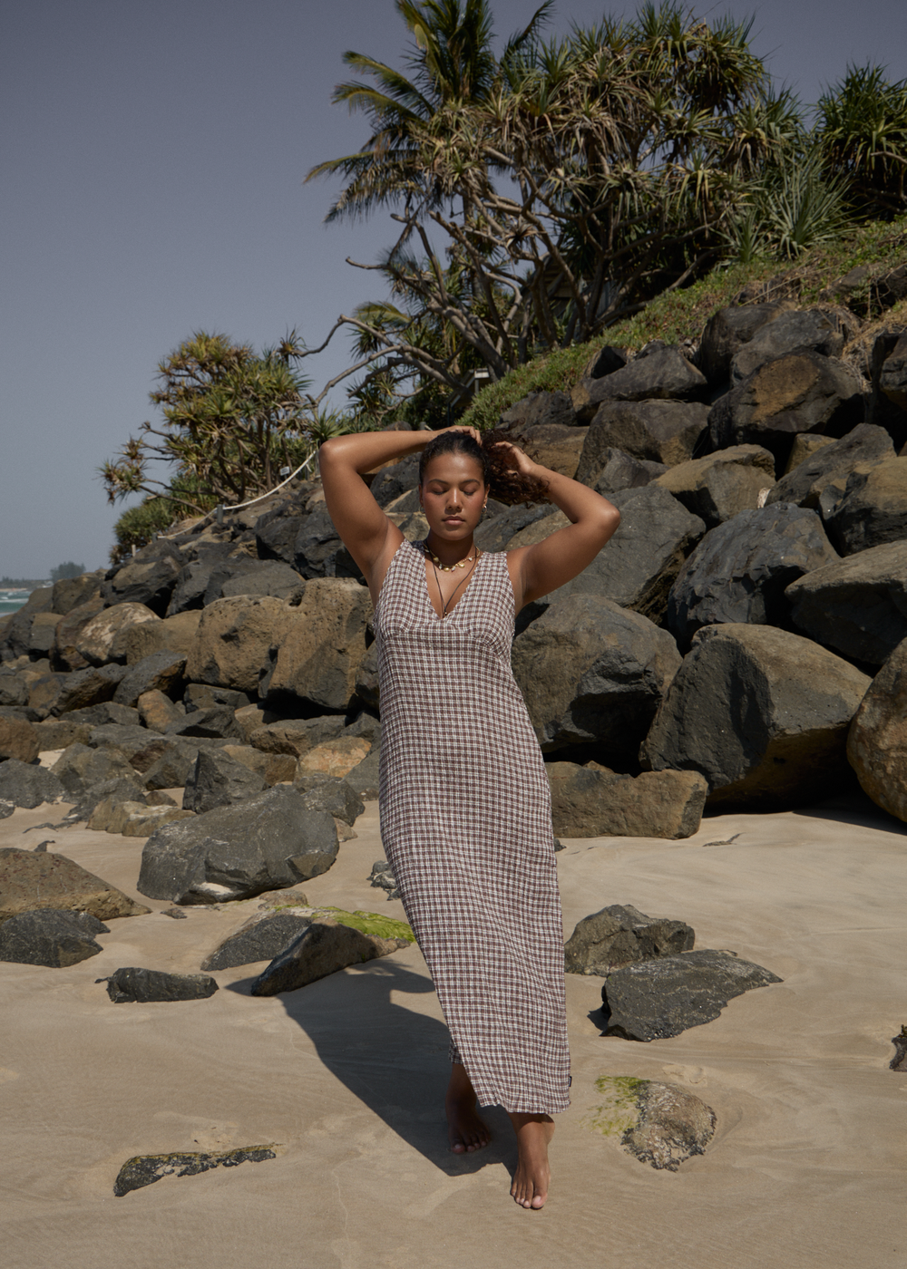 Womens Seersucker Maxi Dress Tully - Base Coffee Check - AFENDS