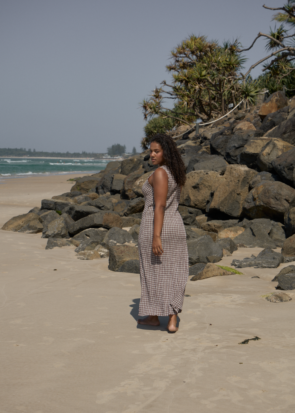 Womens Seersucker Maxi Dress Tully - Base Coffee Check - AFENDS