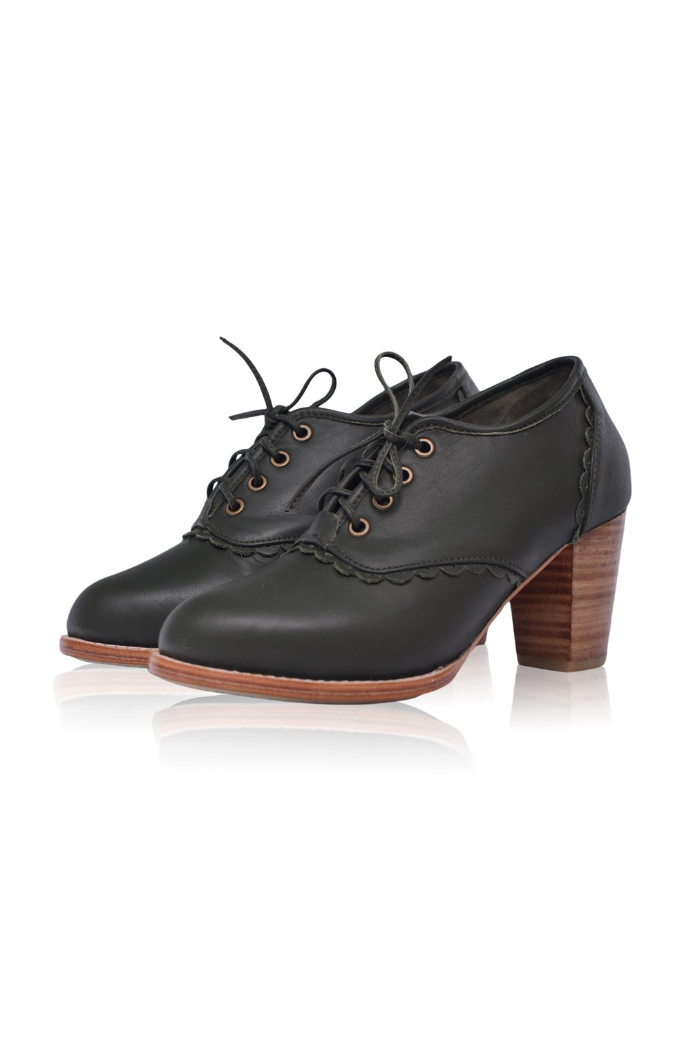 Womens Lace Oxford Leather Heels - Dark Brown