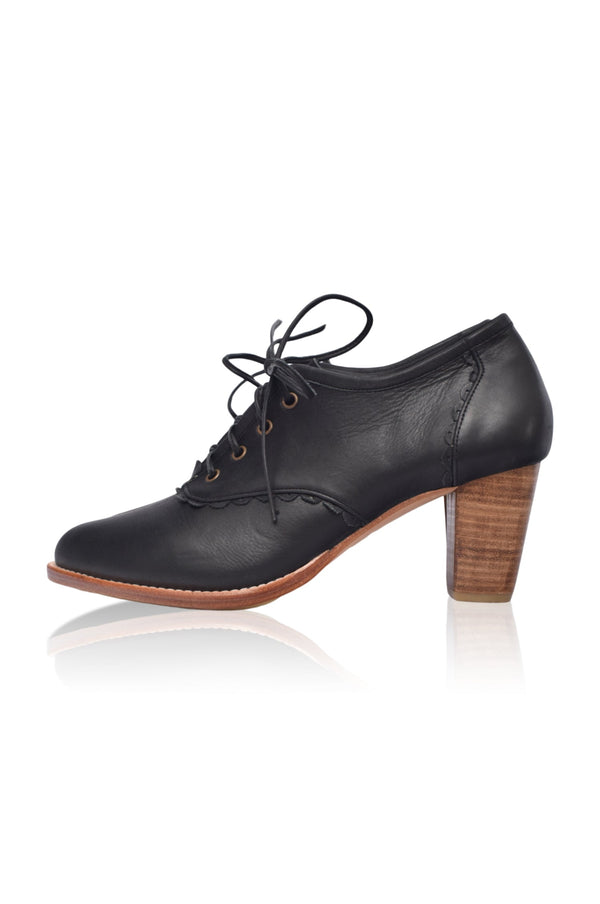 Womens Lace Oxford Leather Heels - Black