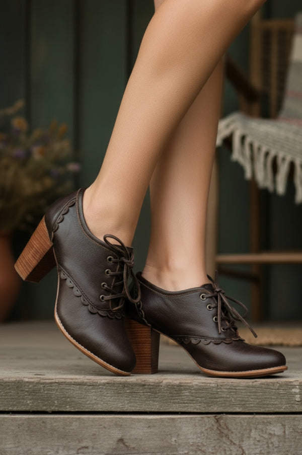 Womens Lace Oxford Leather Heels - Dark Brown