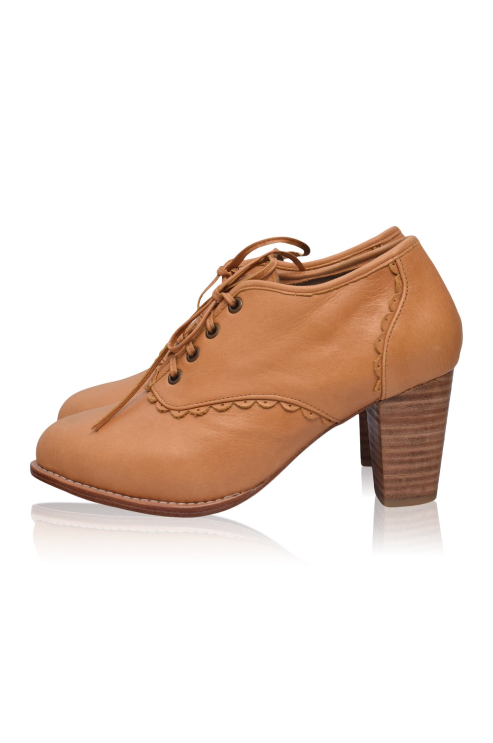 Womens Lace Oxford Leather Heels - Light Tan